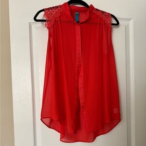 Orange/Red Blouse with Lace detail shoulders.